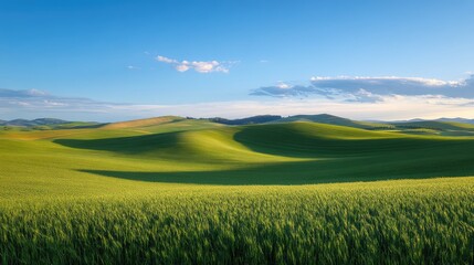 Obraz premium Rolling green hills under blue sky with wispy clouds showcasing lush farmland Copy Space