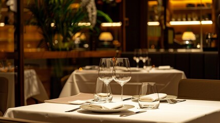 Romantic fine dining setup image. Elegant table with wine glasses and folded napkins on white tablecloth photography scene wallpaper. Restaurant ambiance concept photorealistic photo