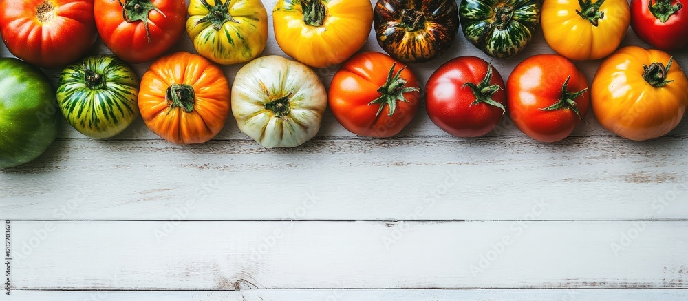 Poster assorted colorful heirloom tomatoes arranged on a wooden surface with copy space for text