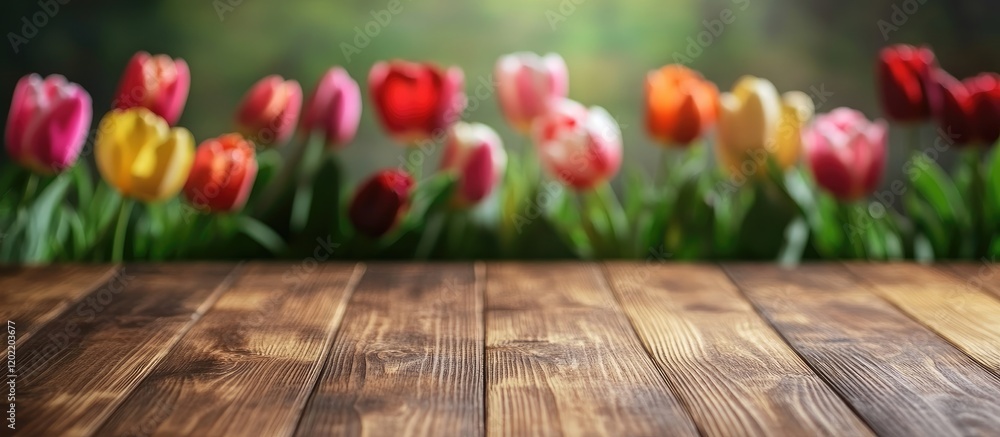 Poster wooden table with colorful tulips and blurred background, copy space for text
