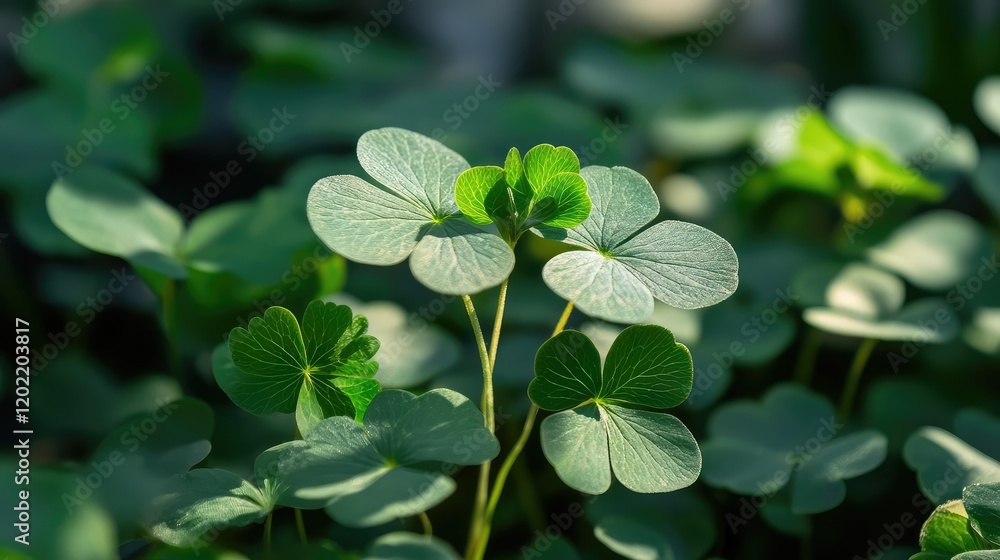 Poster green clover leaves in natural setting with sunlight highlighting textures copy space