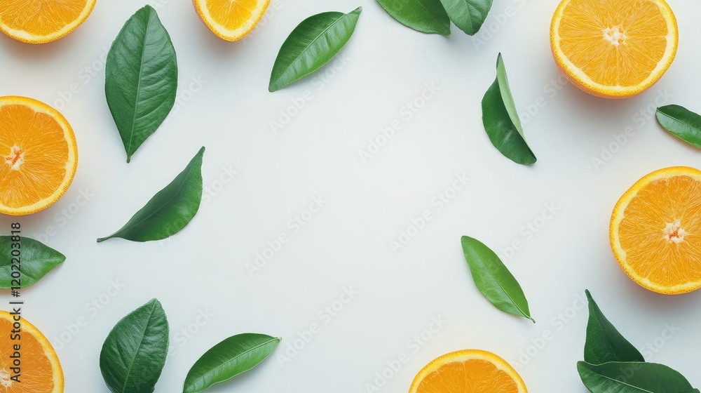 Poster sliced oranges and green leaves arranged in a circular pattern with copy space for text on a light b