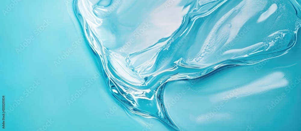 Poster close-up of clear water bubbles on blue background with smooth texture and copy space for text or gr