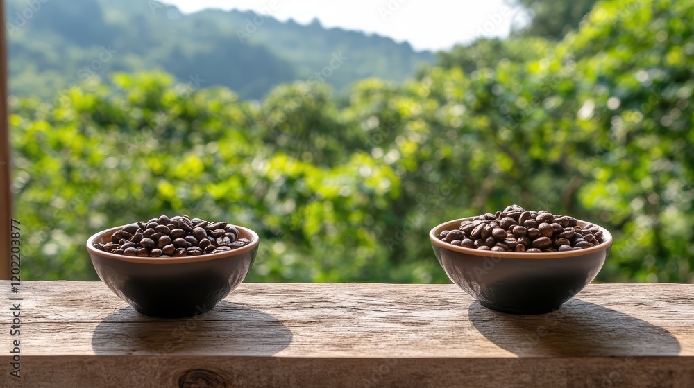 Poster coffee beans in two bowls on wooden table with green blurred background and copy space for text