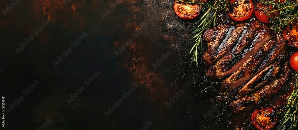 Poster grilled meat with herbs and cherry tomatoes on a dark background copy space for text placement