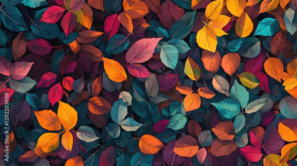 Poster colorful autumn leaves background with various shapes and shades on dark surface featuring vibrant h