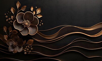 Elegant black background with golden floral ornaments and wavy golden ribbons