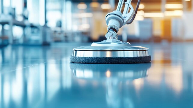 A close-up of a floor cleaning machine, showcasing its shiny base against a blurred background of a well-lit indoor space.