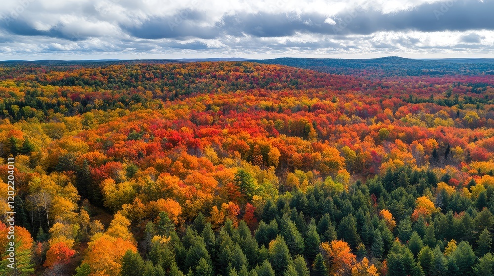 Poster aerial view of vibrant autumn forest with colorful foliage and green pines under a partly cloudy sky