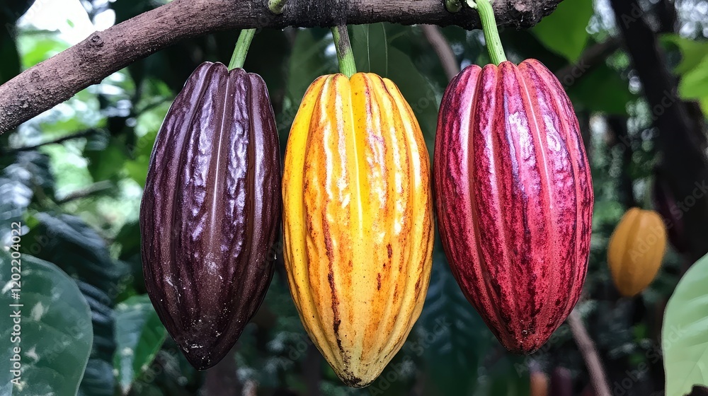 Poster cacao pods in various stages of ripeness hanging from a branch against a blurred green background co