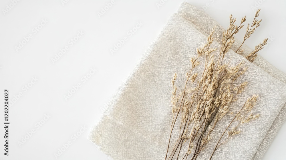 Poster dried yellow flowers arranged on beige cloth on a white background with copy space for text placemen
