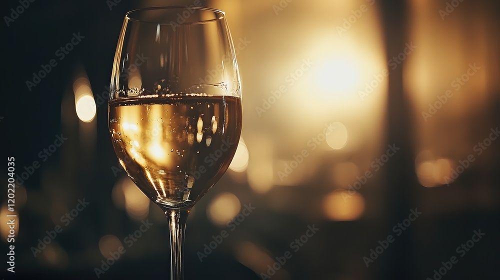 Poster Glass of sparkling wine with bubbles illuminated by soft light in blurred background Copy Space