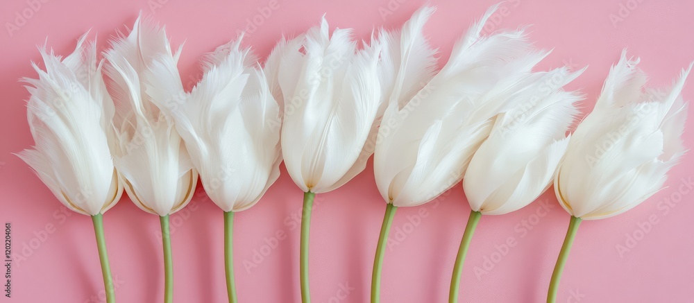Poster White tulips arranged in a row on pink background with Copy Space for text placement