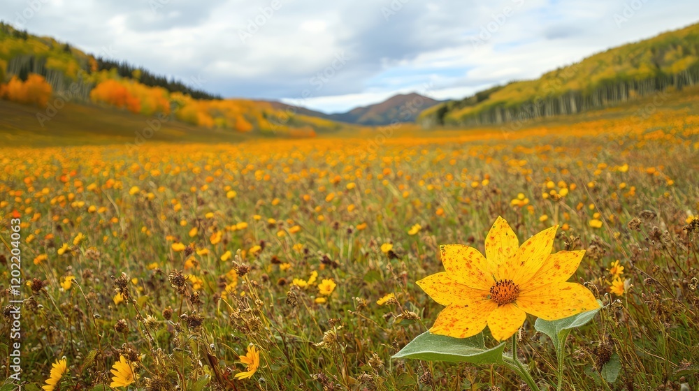 Poster field of vibrant yellow wildflowers in autumn with distant mountains and cloudy sky, featuring a foc