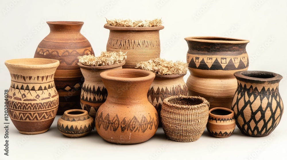 Poster collection of traditional handmade clay pottery with decorative patterns and textures on a neutral b