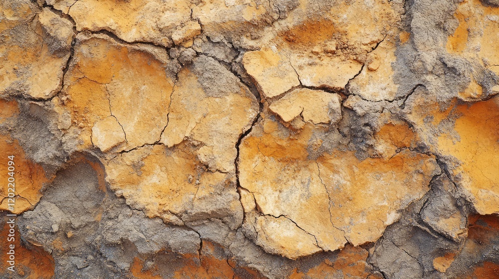 Poster cracked orange and gray textured surface of dry earth or mud with visible fissures and rough pattern