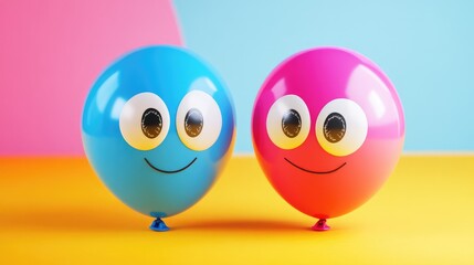 Obraz premium Cute cartoon balloons with expressive faces in blue and pink, colorful background with copy space for text.