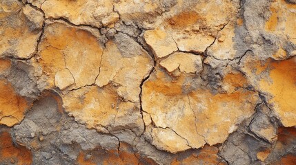 Obraz premium Cracked orange and gray textured surface of dry earth or mud with visible fissures and rough patterns Copy Space