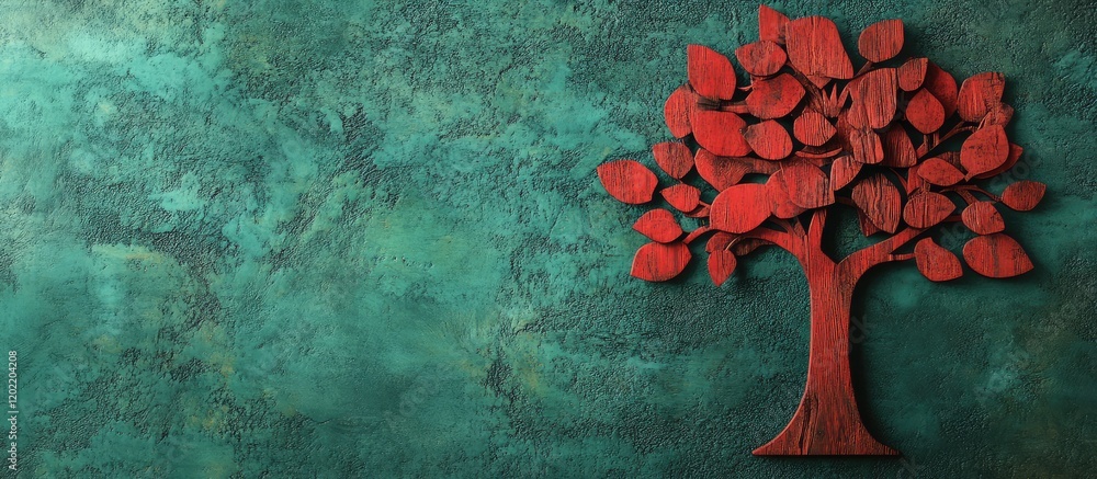 Poster red wooden tree silhouette on textured green background with ample copy space for text placement.