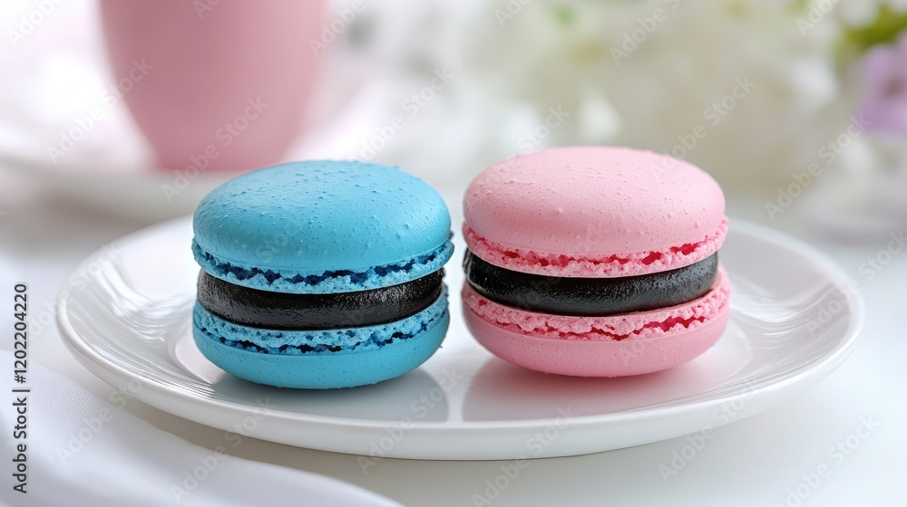 Poster colorful macarons on a white plate with a blurred background and copy space for text