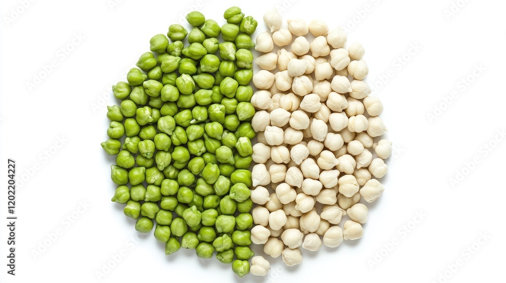Poster green peas and chickpeas arranged in a circular pattern on a white background with copy space for te