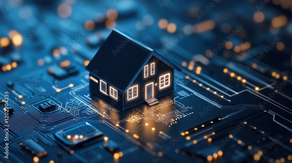 Poster digital home model on circuit board background representing smart technology and modern living conce