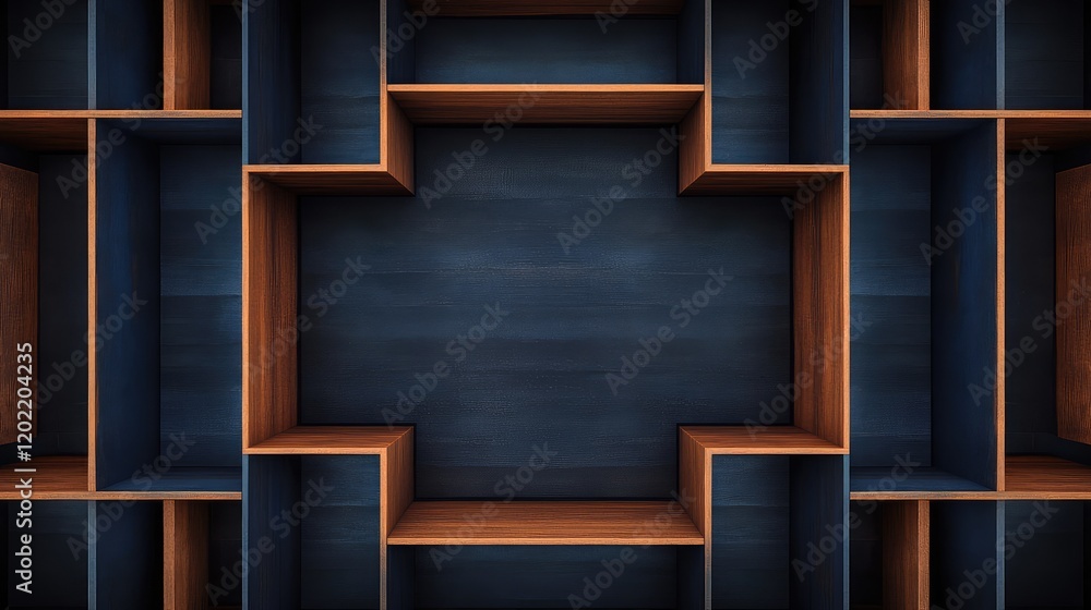 Leinwandbilder dark wooden shelves with empty spaces on a blue background, ideal for displaying objects, copy space