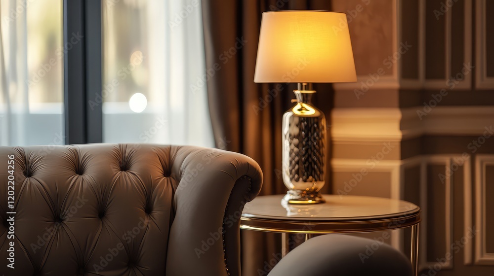 Aufkleber cozy living room corner with a plush tufted armchair and an elegant lamp on a side table with soft l