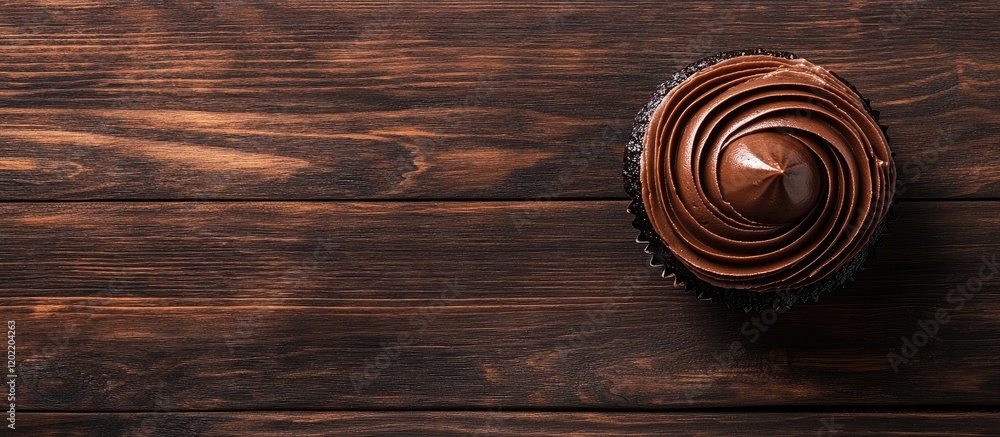 Poster chocolate cupcake with swirled frosting on rustic wooden table copy space