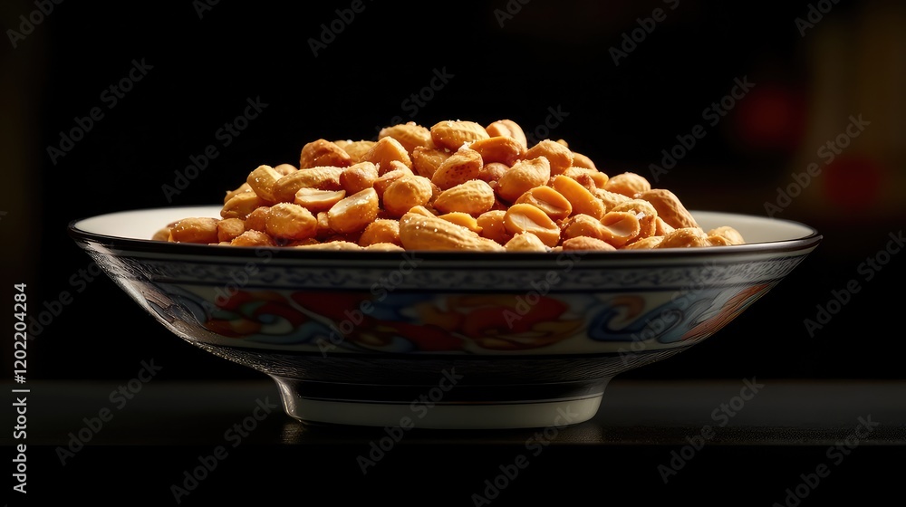 Poster Bowl filled with roasted peanuts on a dark background with Copy Space for text placement