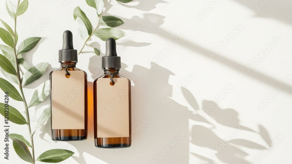 Poster two amber glass dropper bottles surrounded by green leaves and soft shadows on a light background wi