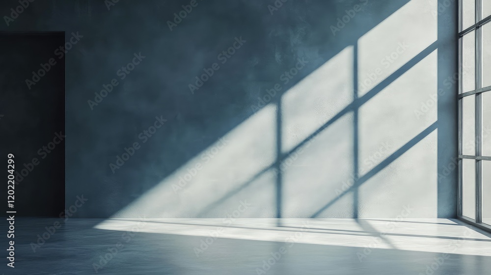 Poster Modern empty interior space with large window casting shadows on concrete walls and floor Copy Space