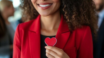 Elegant professional woman in red clothing showcasing a heart-shaped badge at a business session