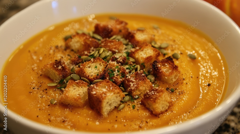 Aufkleber pumpkin soup garnished with croutons and seeds served in a white bowl on a textured surface with cop