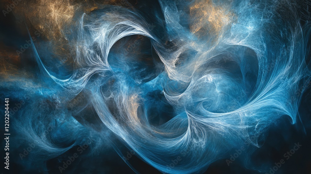 Poster abstract blue and orange swirling fractal patterns on dark background with copy space for text