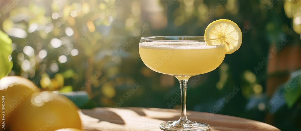 Poster yellow citrus cocktail in a glass with lemon slice on rim sitting on a wooden surface with fresh lem