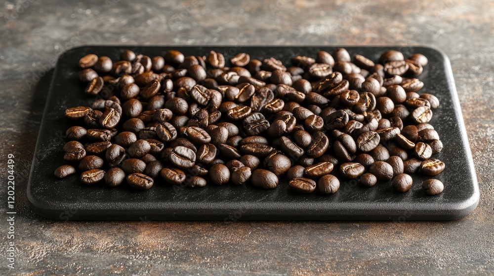 Poster roasted coffee beans on a black slate board with textured surface and copy space for text.