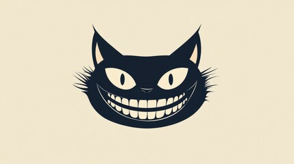 Cheshire Cat silhouette with exaggerated grin and large eyes on a beige background, featuring ample Copy Space for text placement