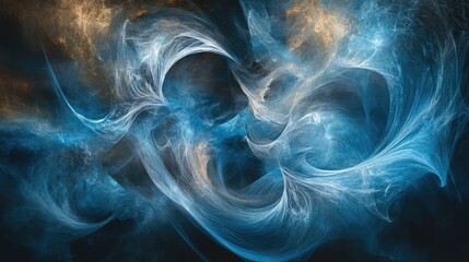 Obraz premium Abstract blue and orange swirling fractal patterns on dark background with copy space for text