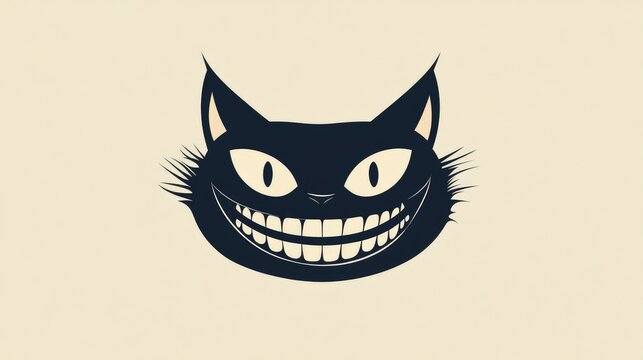 Cheshire Cat silhouette with exaggerated grin and large eyes on a beige background, featuring ample Copy Space for text placement