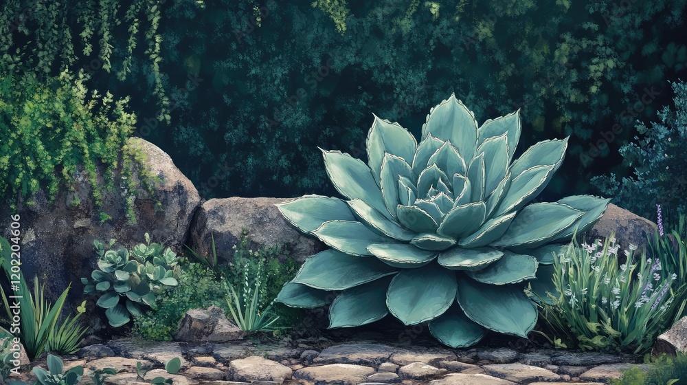 Aufkleber large succulent plant surrounded by various greenery and rocks in a garden setting with copy space f