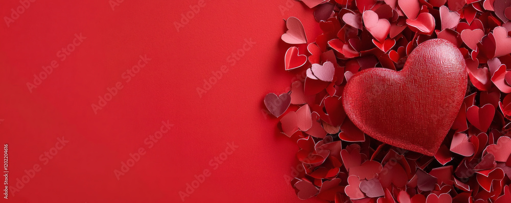 Poster vibrant red background adorned with various small hearts surrounding large textured heart, creating 