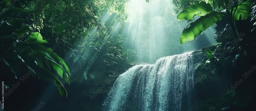 Poster Lush tropical waterfall cascading through greenery with sunlight filtering through trees providing atmospheric lighting and copy space.