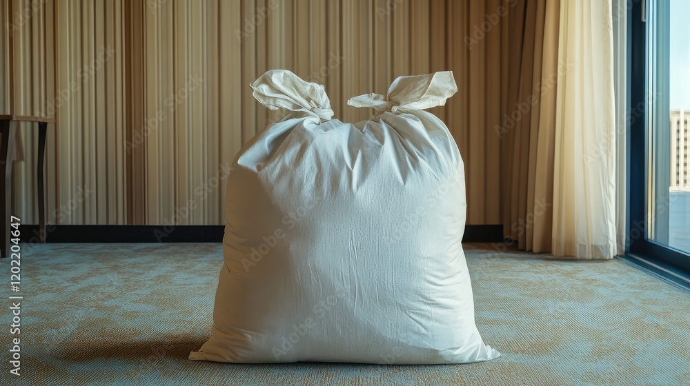 Poster large white bag filled with contents in a hotel room setting with curtains and a window in the backg
