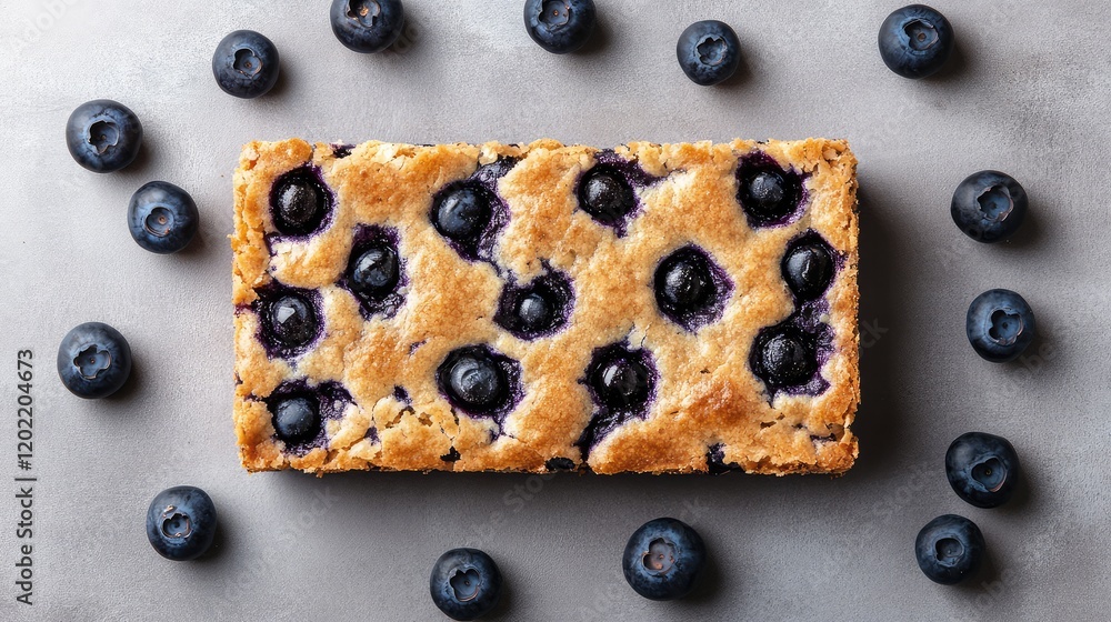 Poster blueberry loaf cake surrounded by fresh blueberries on a gray background with copy space for text