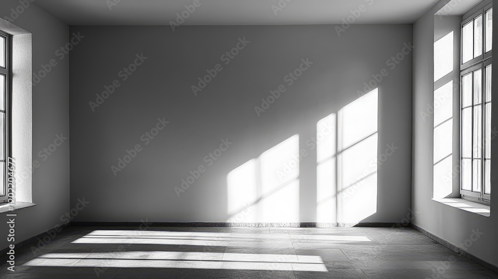 Poster empty room with large windows casting shadows on the floor copy space for text placement