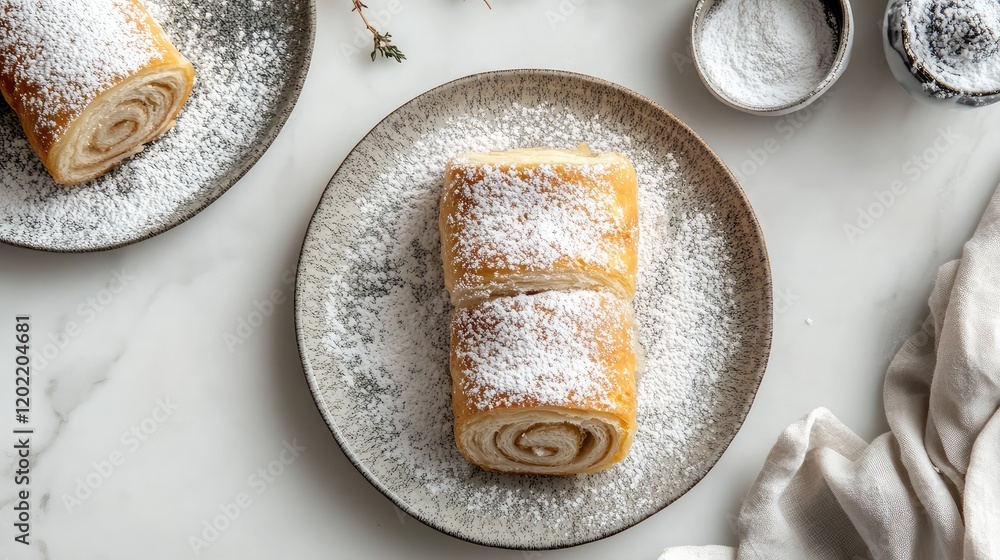 Poster Homemade cinnamon roll pastry dusted with powdered sugar on a rustic plate with copy space for text.