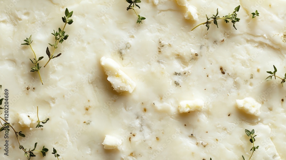 Poster creamy mashed potatoes with butter and fresh thyme garnish on a neutral background with copy space