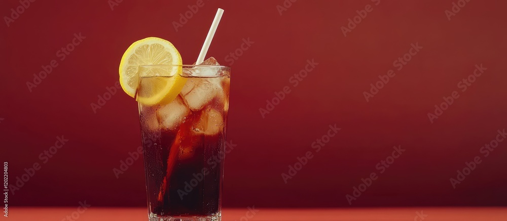 Poster Refreshing iced beverage with lemon slice and straw against a solid red background Copy Space