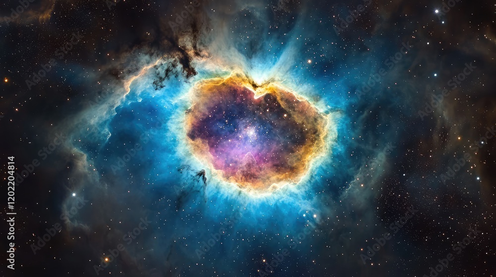 Leinwandbilder colorful nebula with bright core and surrounding stars in deep space, copy space available for text 